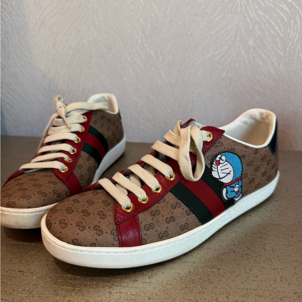Gucci Brown and Red Sneakers with Cartoon Patch